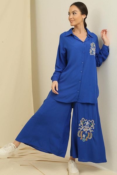 By Saygı Side Slit Tunic Shirt Elastic Waist Pocket Palozzo Pants Embroidered Oversize 2-Piece Set
