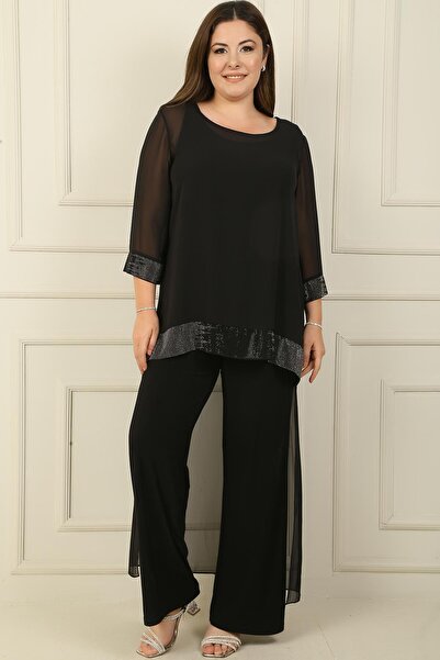 By Saygı Plus Size Chiffon Lycra Jumpsuit - Stone Detailed