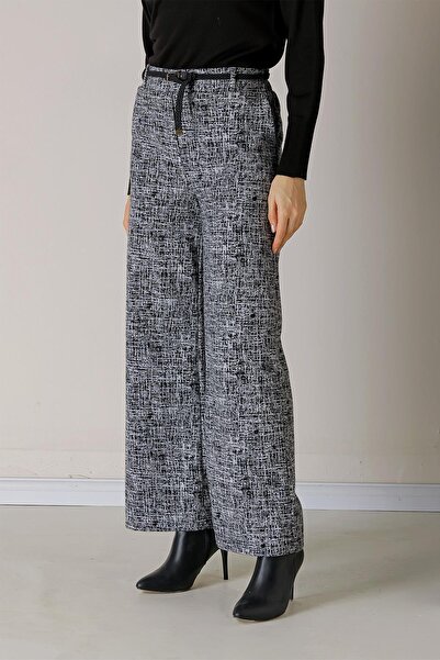 By Saygı Elastic Waist Belt Side Pocket Broken Glass Patterned Palazzo Trousers