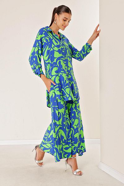 By Saygı Elastic Waist Pocketed Skirt Pants Long Shirt Shawl Patterned Oversize Set of 2