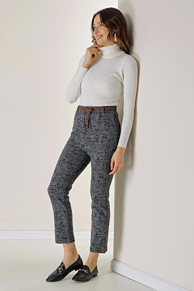 By Saygı Elastic Waist Belt Side Pocket Broken Glass Pattern Skinny Leg Trousers