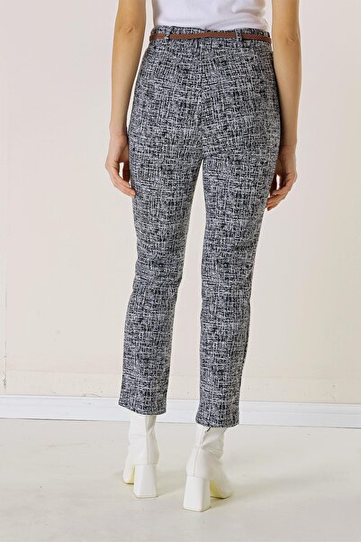 By Saygı Elastic Waist Belt Side Pocket Broken Glass Pattern Skinny Leg Trousers