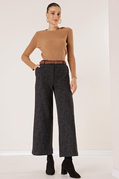 By Saygı Belted Waist Side Pocket Karyağdı Palazzo Trousers