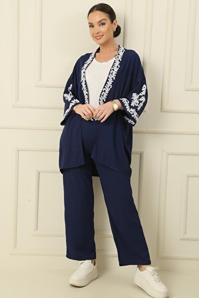 By Saygı Elastic Waist Pocket Trousers Jacket Embroidered Oversize Comfortable Fit Crepe 2-Piece Set