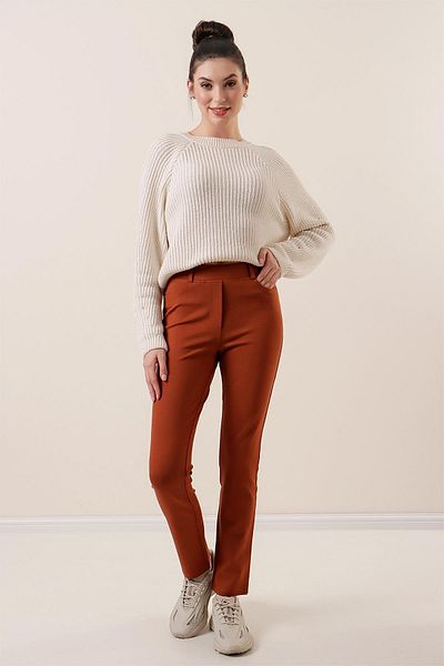 By Saygı Wide Length Lycra Front Fake Pocket Trousers Wide Size Range Claret Red