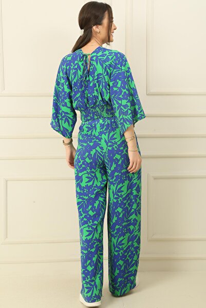 By Saygı На спині V-подібний виріз Блузка з рукавом летюча миша Еластична талія Кишені Палаццо Штани з квітковим візерунком Комплект з 2 частин