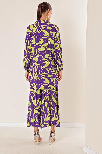 By Saygı Elastic Waist Pocketed Skirt Pants Long Shirt Shawl Patterned Oversize Set of 2