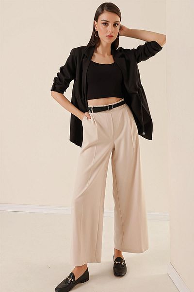By Saygı Elastic Waist Belt Pocket Palazzo Trousers