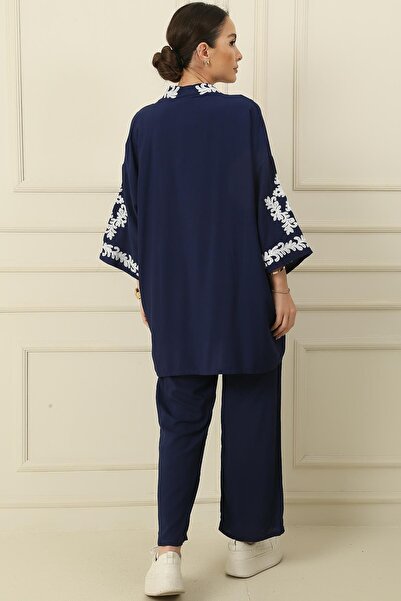 By Saygı Elastic Waist Pocket Trousers Jacket Embroidered Oversize Comfortable Fit Crepe 2-Piece Set