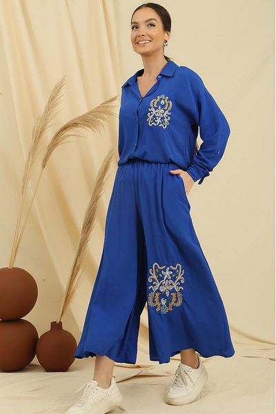 By Saygı Side Slit Tunic Shirt Elastic Waist Pocket Palozzo Pants Embroidered Oversize 2-Piece Set