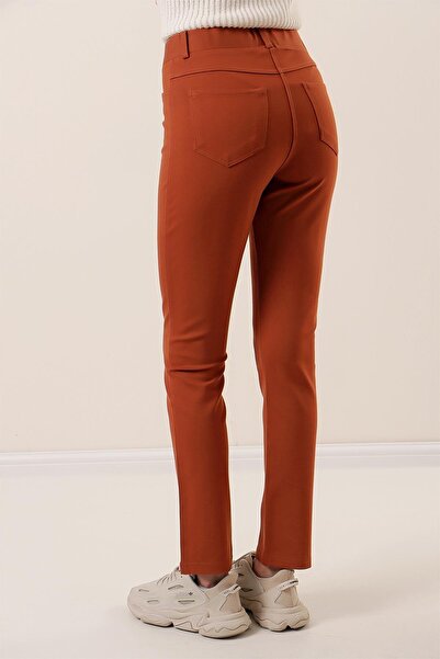 By Saygı Wide Length Lycra Front Fake Pocket Trousers Wide Size Range Claret Red