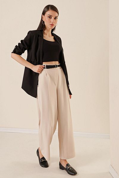 By Saygı Elastic Waist Belt Pocket Palazzo Trousers