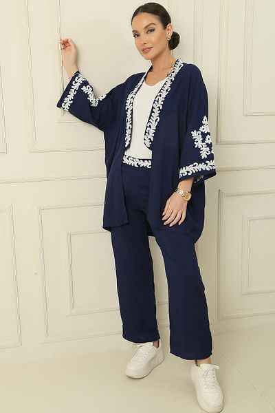 By Saygı Elastic Waist Pocket Trousers Jacket Embroidered Oversize Comfortable Fit Crepe 2-Piece Set