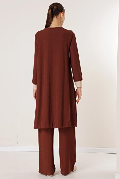 By Saygı Tunika bez rukávů Kalhoty v elastickém pase Dlouhý kardigan pletený 3dílný set