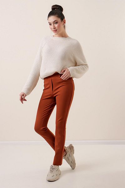 By Saygı Wide Length Lycra Front Fake Pocket Trousers Wide Size Range Claret Red