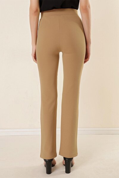 By Saygı High Waist Knitted Crepe Patchwork Palazzo Trousers Mink