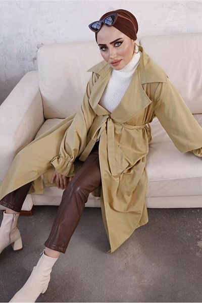 TRENDTESETTÜR CAMEL Καφέ γυναικεία καμπαρντίνα 8029 - Κουμπιά και ελαστικές μανσέτες
