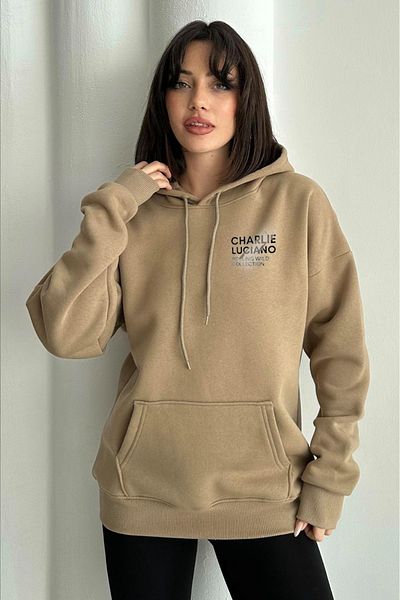 zunop Дамски суитшърт с качулка и принт Mink Charlie Luciano Oversize