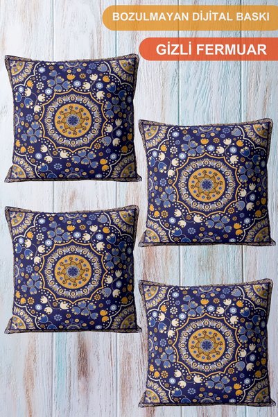 CİMENS 4-Piece Digital Printed Gift Sofa Set - Uzbek Patterned, Red, Burgundy