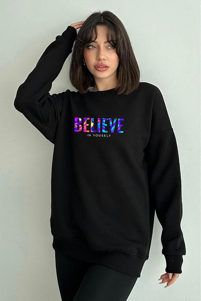 zunop Women's Black Color Believe Printed Oversize Hooded Sweatshirt