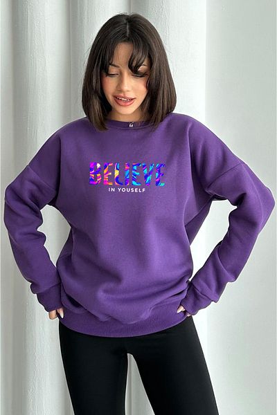 zunop Women's Purple Color Believe Printed Oversize Hooded Sweatshirt