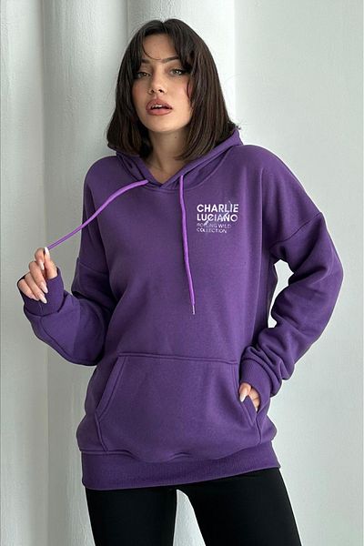 zunop Women's Purple Charlie Luciano Printed Oversize Hooded Sweatshirt