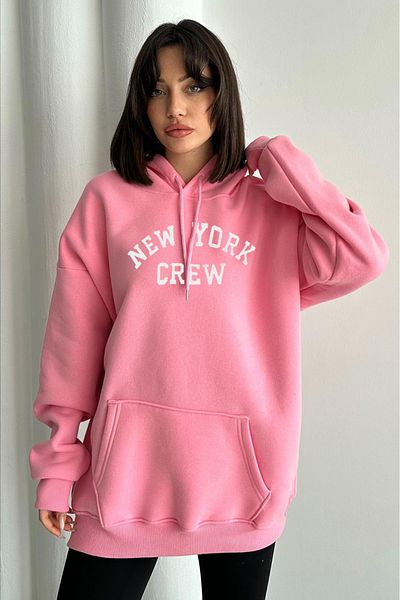 zunop Women's Pink New York Crew Printed Oversize Hooded Sweatshirt