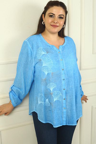 By Saygı Cămașă de in cu sclipici marimi mari - cu nasturi metalici și mâneci pliate