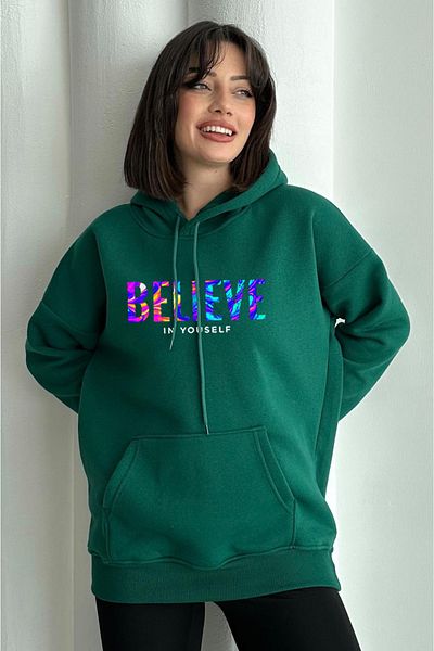 zunop Women's Green Color Believe Printed Oversize Hooded Sweatshirt