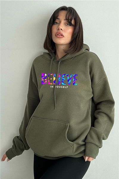 zunop Women's Khaki Color Believe Printed Oversize Hooded Sweatshirt