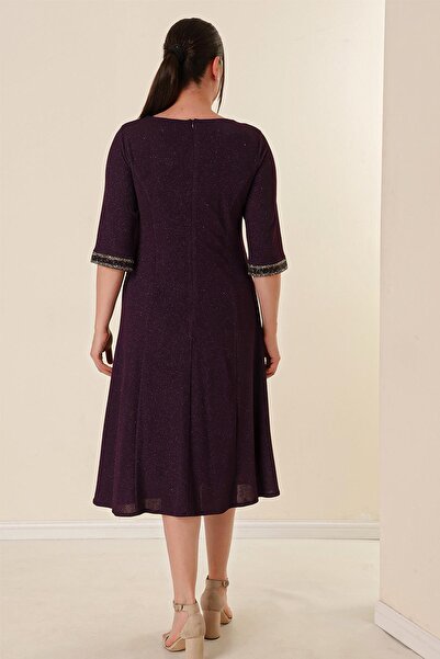 By Saygı Plus Size Glitter Dress with Lapel and Sleeves Stone Detail Lining