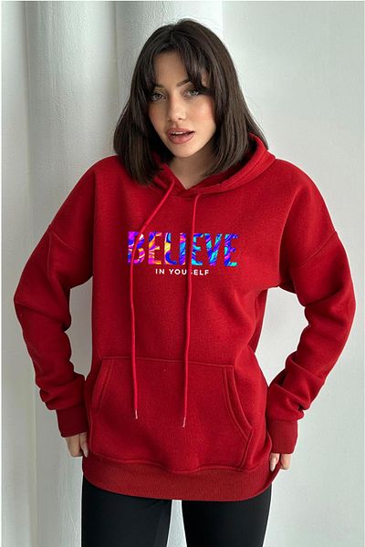 zunop Women's Red Color Believe Printed Oversize Hooded Sweatshirt