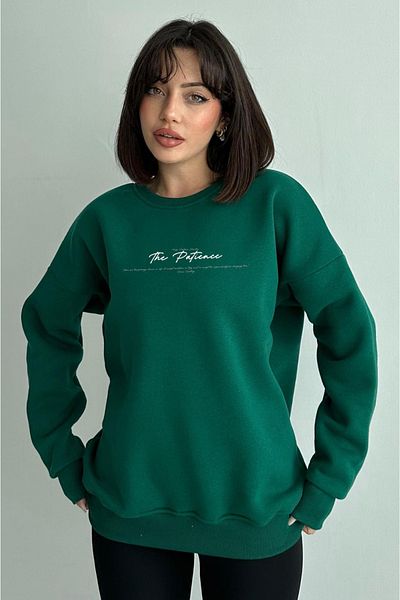 zunop Women's Green the Patience Printed Oversize Crew Neck Sweatshirt