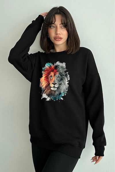 zunop Women's Black Lion Printed Oversize Sweatshirt