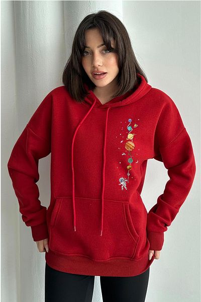 zunop Women's Red Little Planet Printed Oversize Hooded Sweatshirt