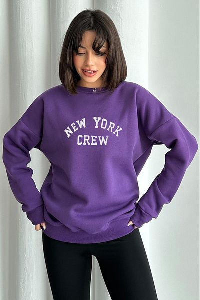 zunop Women's Purple New York Crew Printed Oversize Hooded Sweatshirt