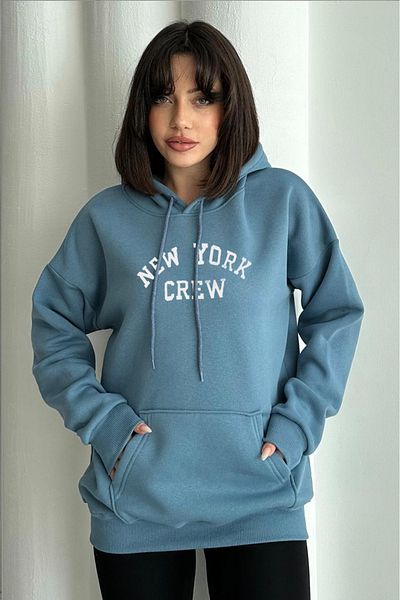 zunop Hanorac cu glugă supradimensionat cu imprimeu New York Crew albastru pentru femei