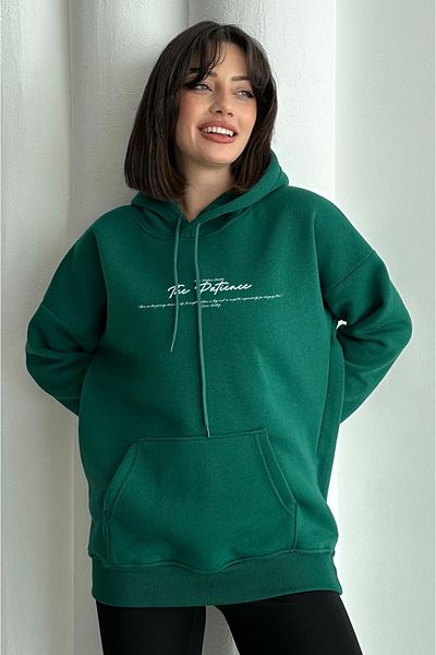 zunop Women's Green the Patience Printed Oversize Hooded Sweatshirt