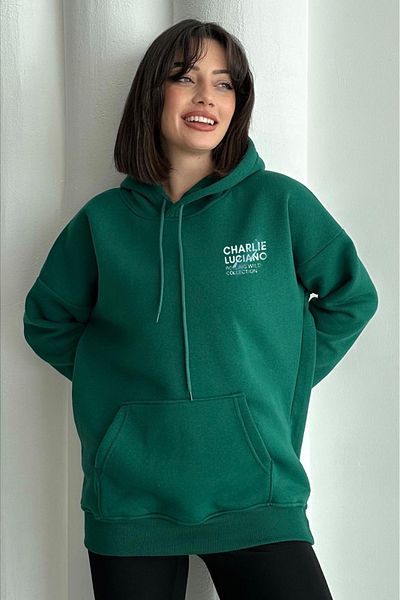 zunop Women's Green Charlie Luciano Printed Oversize Hooded Sweatshirt