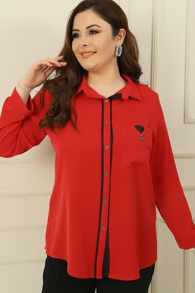 By Saygı Large Size Shirt with Metal Buttons on the Front, Single Pocket, Three Quarter Sleeves and Leather Detail