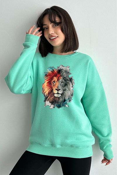zunop Women's Mint Green Lion Printed Oversize Hooded Sweatshirt