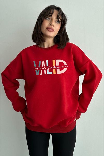 zunop Women's Red Valid Printed Oversize Sweatshirt