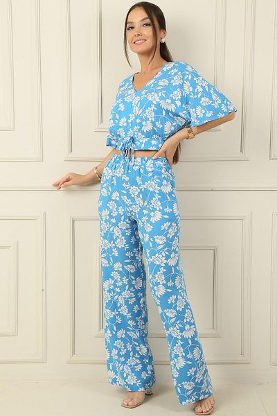 By Saygı Pantaloni Palazzo crop cu decolteu în V - Talie elastică, buzunar, set 2 piese cu model floral