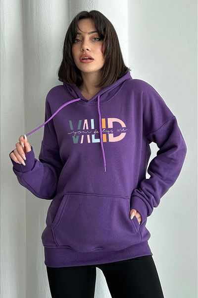 zunop Women's Purple Valid Printed Oversize Hooded Sweatshirt
