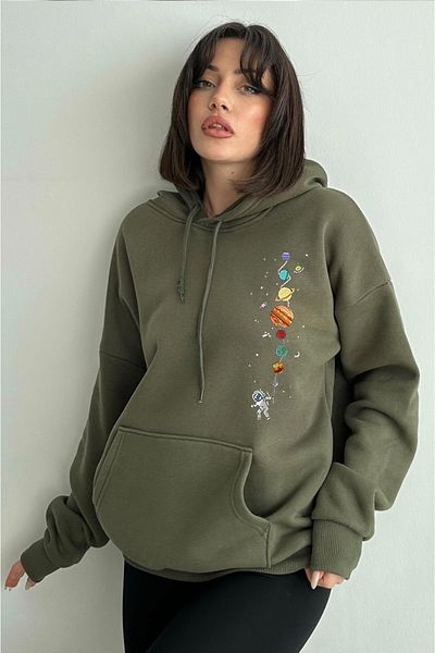 zunop Women's Khaki Tiny Planet Printed Oversize Hooded Sweatshirt