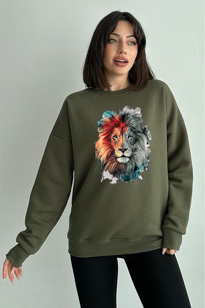 zunop Women's Khaki Lion Printed Oversize Hooded Sweatshirt