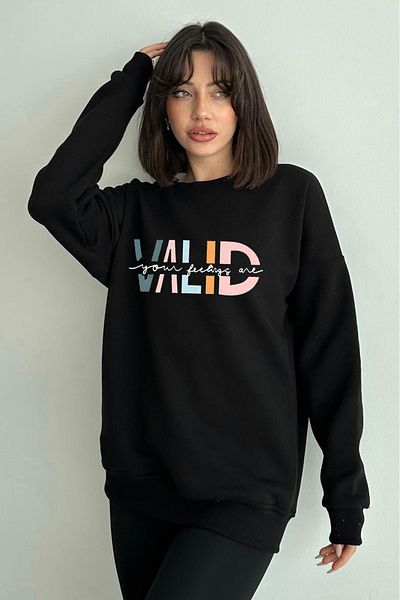 zunop Women's Black Valid Printed Oversize Sweatshirt