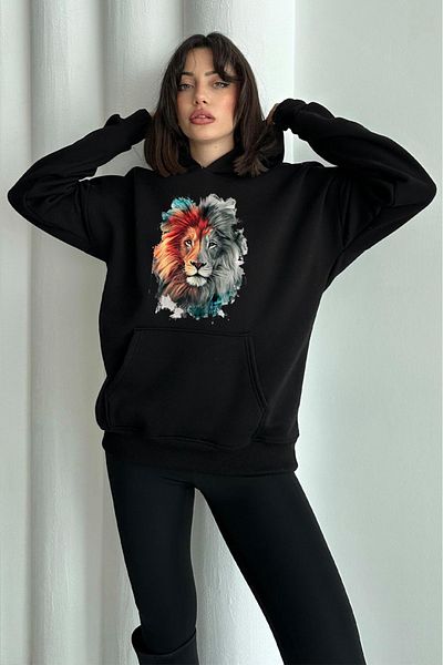 zunop Women's Black Lion Printed Oversize Hooded Sweatshirt