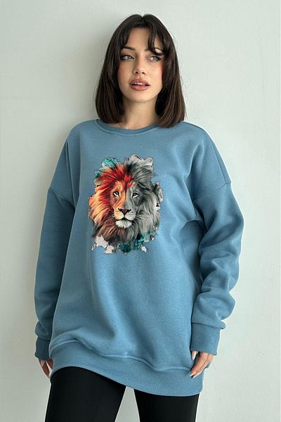 zunop Hanorac oversize cu glugă cu imprimeu Blue Lion pentru femei
