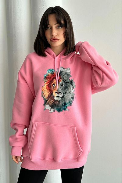 zunop Women's Pink Lion Printed Oversize Hooded Sweatshirt